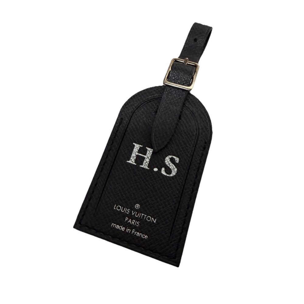 Louis Vuitton Paris Black Leather Luggage Tag Silver tone w/ HS Initials France